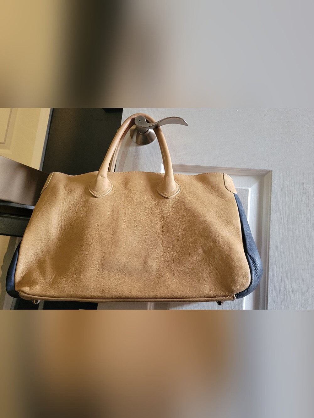Mark & Graham ELISABETTA Colorblock SLOUCH HANDBAG Tan Dark Blue Pebbled Leather